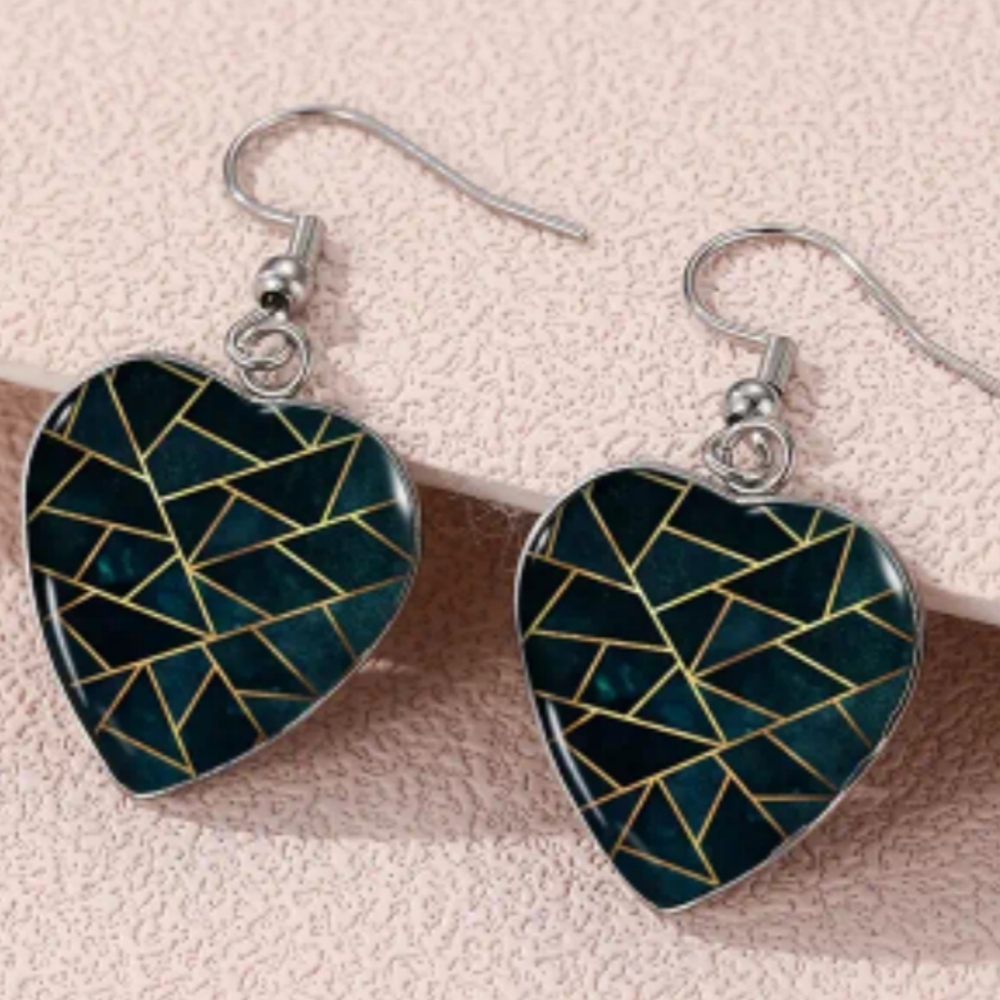 Boho Geometric Artsy‎ Abstract Heart Drop Crystal Glass Gift Earrings